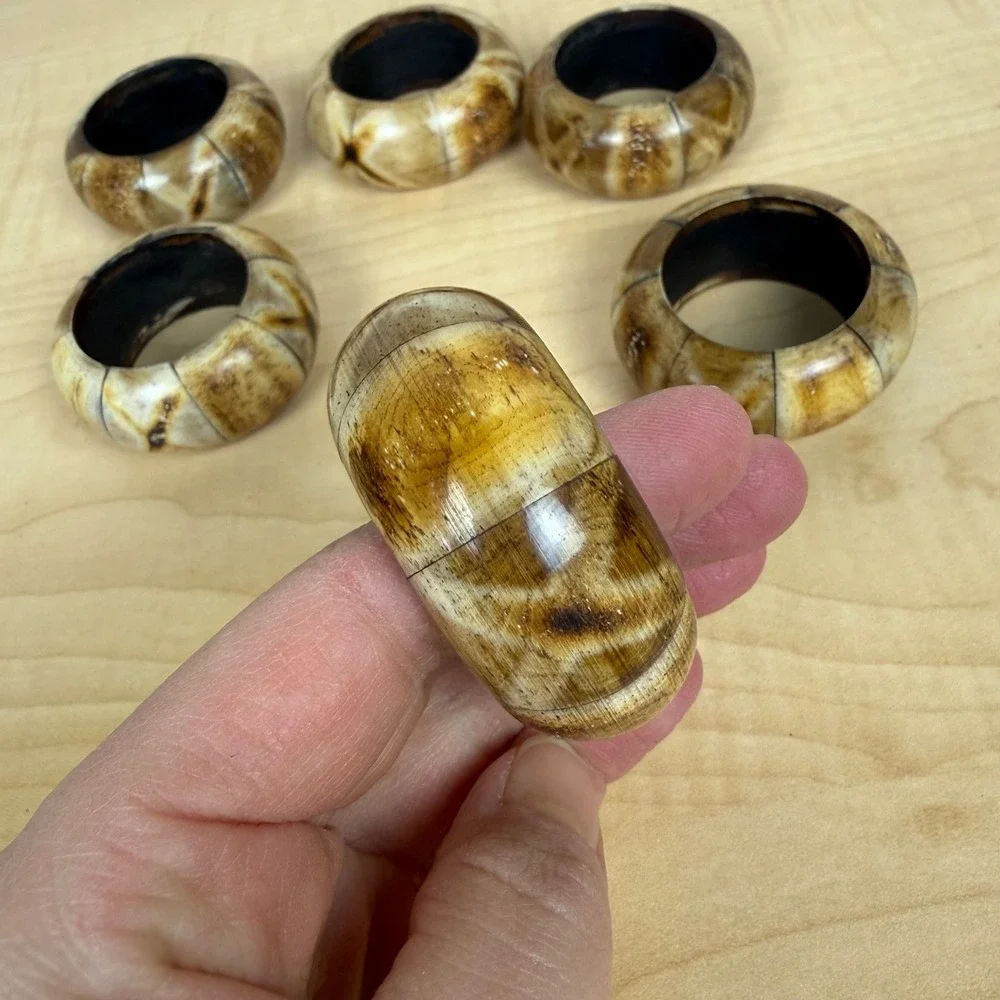 Vintage Bohemian Style Bovine Bone Round Napkin‎ Rings Set of 6 Polished